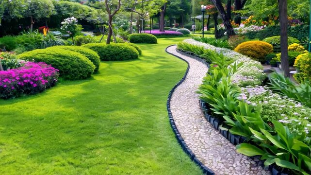 Vibrant and Serene Garden Explore Beautifully Landscaped Outdoor Path with Colorful Flowers and Manicured Greenery