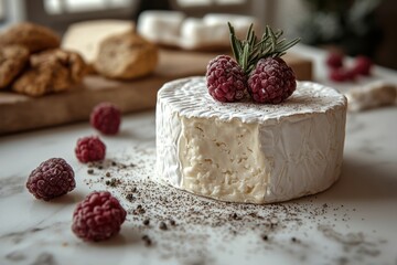 Soft Brie Cheese Wheel with Raspberries and Herbs
