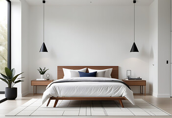 white walls feature modern scandinavian bed set clean backdrop ample space around furniture pieces