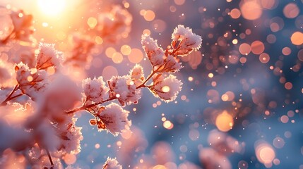 Snowy Winter Branch with Sparkling Snowflakes in Festive Background