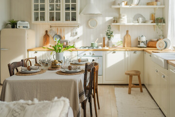 Scandinavian classic minimalistic kitchen with white and wooden details flowers. Modern white kitchen clean contemporary style interior design. Empty bright white interior minimal of kitchen