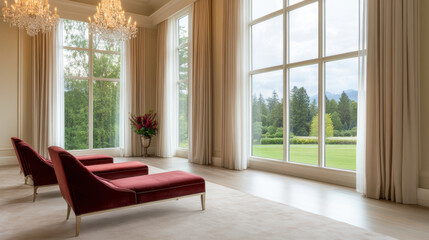 Fototapeta premium Luxurious spa lounge with velvet chaise lounges, large windows, and elegant chandeliers. serene view of nature enhances tranquil atmosphere, perfect for relaxation