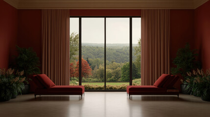 Fototapeta premium serene spa lounge featuring elegant velvet chaise lounges, large windows showcasing lush green landscape, and warm earthy tones. atmosphere is tranquil and inviting, perfect for relaxation
