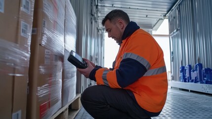 A warehouse worker, clad in a bright orange jacket, kneels inside a truck, diligently scanning packages, embodying efficiency and logistics.
