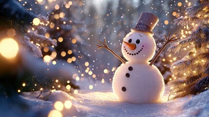 Fototapeta premium A cheerful snowman with outstretched stick arms, surrounded by shimmering lights and snow-laden evergreens in a picturesque winter scene.