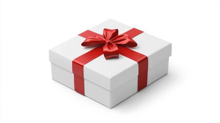 Fototapeta premium A white gift box with a red ribbon and bow on a white background.