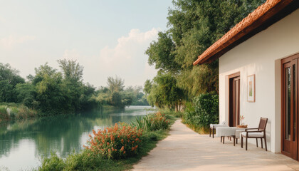 serene outdoor setting featuring peaceful pathway alongside tranquil river, with charming house and lush greenery. scene evokes relaxation and harmony with nature