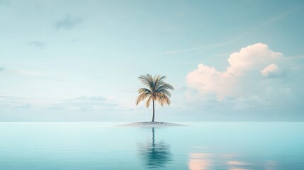 Fototapeta premium A secluded tropical island stands alone with a solitary palm tree, surrounded by clear waters and soft pastel clouds. Generative AI