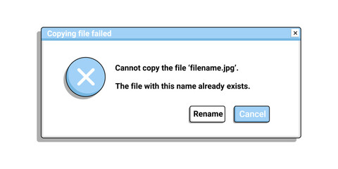 Fototapeta premium Retro error window with text. Old warning message in blue color. Desktop bug notification.