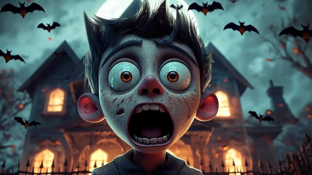 Cartoon character screaming in fear at haunted house