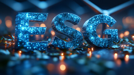 A digital rendering of the letters "ESG" intertwined with leaves and wind turbines, symbolizing the synergy between environmental sustainability and corporate governance.