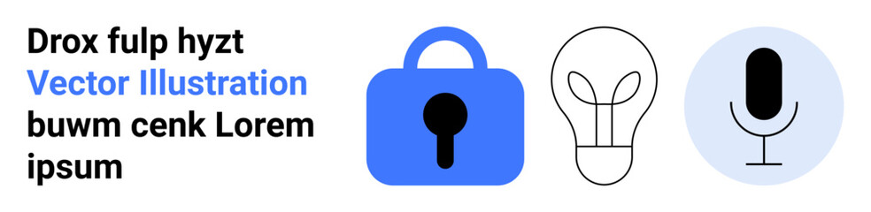 Features a blue lock, lightbulb, and microphone icons accompanied by text. Ideal for digital security, innovation, technology, communication, and modern design themes. Banner for landing page