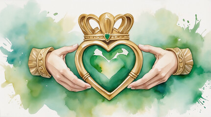 Celtic Claddagh ring: golden heart-shaped crown held by hands in a vibrant watercolor style