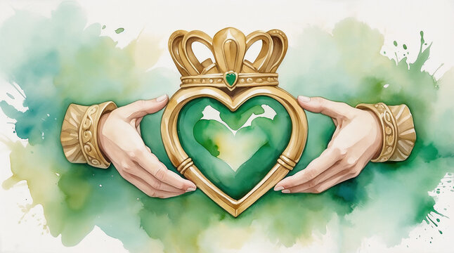 Celtic Claddagh ring: golden heart-shaped crown held by hands in a vibrant watercolor style