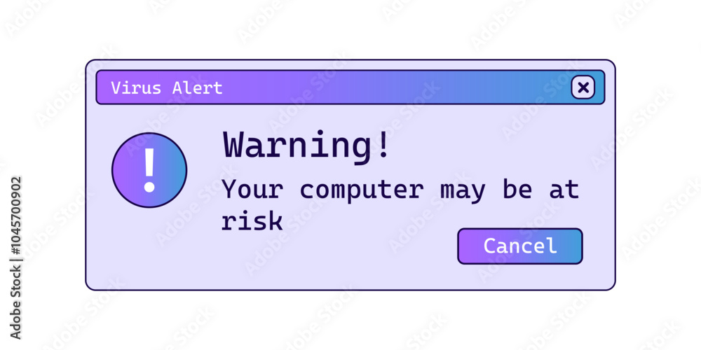 Poster warning retro notification window with gradient in purple color. old retro message on screen.