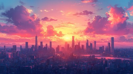 A vibrant sunset over a city skyline, showcasing colorful clouds and tall buildings.