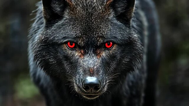Captivating black wolf with glowing red eyes gazing intensely