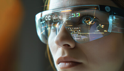 Woman wearing smart augmented reality goggles, some data and charts shown on screen, closeup detail. Generative AI