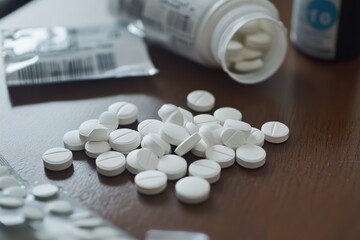 White fentanyl tablets scattered on a wooden table surface, inviting contemplation on the impact and dangers of pharmaceuticals.