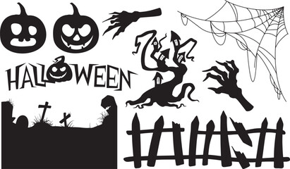 Collection of Halloween silhouettes. Haunted house, creepy tree, flying witch, pumpkins, halloween ghost, owl, coffin lid etc