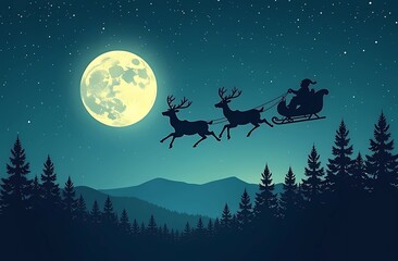 Naklejka premium Christmas Card. Silhouette of reindeer flying in sleigh with Santa Claus against the background of full moon and starry sky over pine forest.