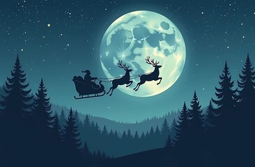 Christmas Card. Silhouette of reindeer flying in sleigh with Santa Claus against the background of full moon and starry sky over pine forest.
