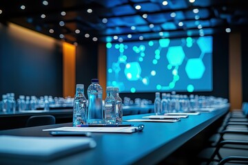 Conference room set up with water bottles and screens displaying visual graphics