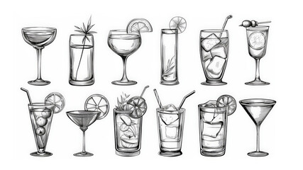 This  collection showcases a variety of drink and alcohol icons, including cocktails and glasses adorned with garnishes. Each design reflects a different beverage style