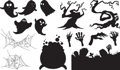 Obraz premium Collection of Halloween silhouettes. Haunted house, creepy tree, flying witch, pumpkins, halloween ghost, owl, coffin lid etc