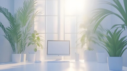 Bright and serene office space with plants and a computer for a calming work environment.