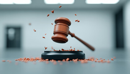 digital gavel striking base, surrounded by fragments, symbolizes impact of legal decisions. scene conveys sense of authority and finality in judicial process