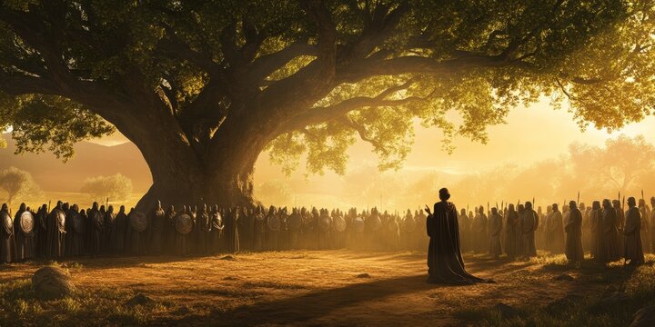 Deborah rallying her warriors under a majestic tree in bright morning light, showcasing leadership, Biblical religious stories, illustrations Christian faith in God