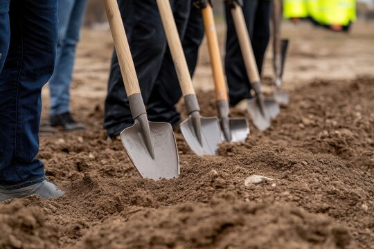 A close-up of shovels breaking ground, symbolizing the start of a new construction project with teamwork and anticipation.