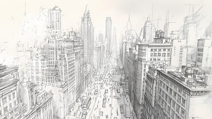 Detailed pencil sketch of bustling urban cityscape with towering buildings and busy street scene. Pencil Sketch. Illustration