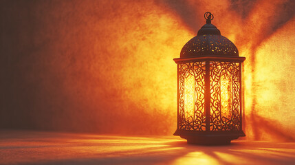 Ramadan Decorative lantern with intricate patterns casting warm glowing shadows on the wall, perfect for cozy home decor, ambient lighting, and traditional cultural celebrations. 
