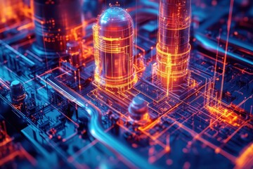 Futuristic cityscape with glowing data lines and industrial structures at night