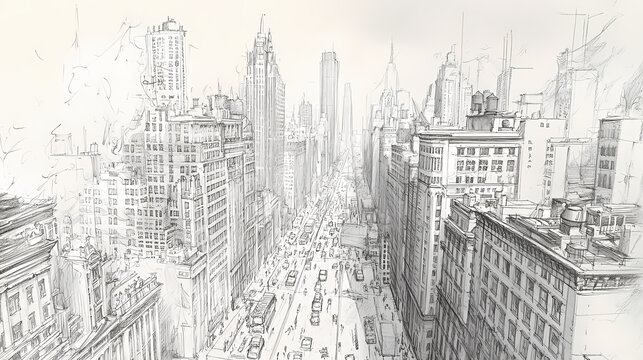 Detailed pencil sketch of bustling urban cityscape with towering buildings and busy street scene. Pencil Sketch. Illustration