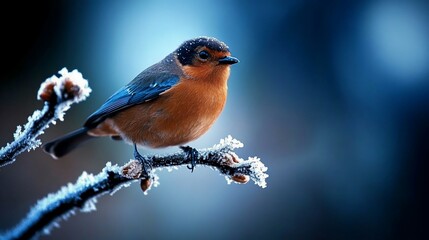 A small, blue and orange bird perched on a frosted branch in a winter scene.