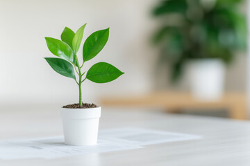 small green plant in white pot symbolizes growth and vitality, placed on financial documents, suggesting connection between nature and finance