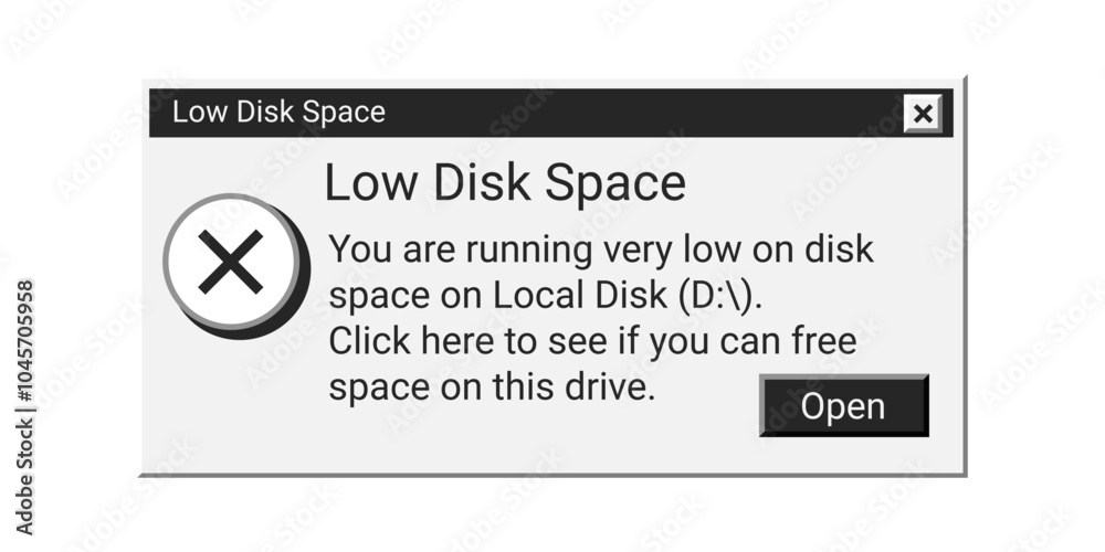 Poster Low disk space retro message in black color. Old error window notification. Warning memory message.