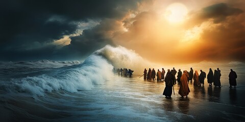 Moses parting the red sea amidst towering waves, stormy sky, and soft moonlight reflection, Biblical religious stories, illustrations Christian faith in God
