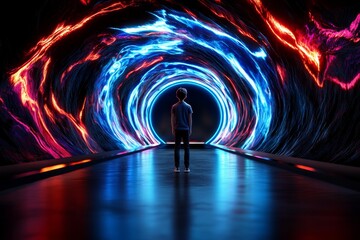 3D rendering of a person exploring a vibrant, futuristic world, capturing the excitement and possibilities of living fully in a high-tech environment