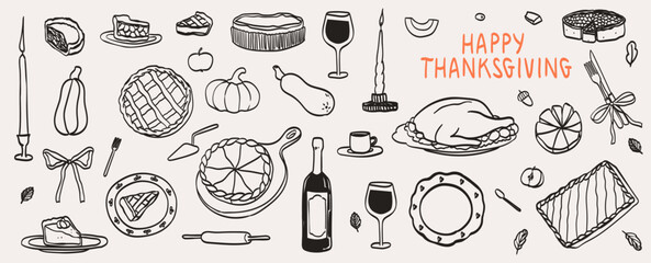 Hand drawn chalk food vector illustrations. Thanksgiving dinner table icons. Wine glass, turkey, pumpkin pie drawings for family invitations, cafe menus and parties. Sketch ink charcoal drawing style.