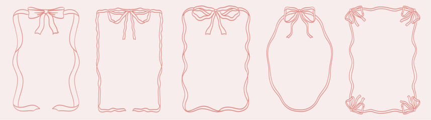 Trendy frame with bow and ribbons. Hand Drawn pink coquette borders for wedding invitation. Whimsical frames for birthday card, menu design and holiday graphic decoration. Minimalist girly line art.