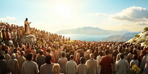Jesus preaching the sermon on the mount to a large crowd under the bright midday sun, Biblical religious stories, illustrations Christian faith in God