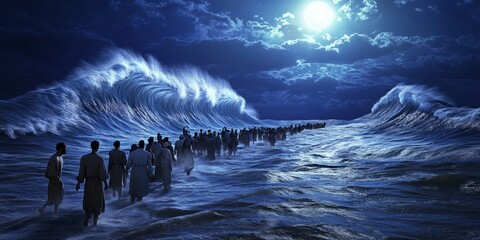 Moses parting the red sea  dramatic waves and stormy sky with moonlight reflection on water, Biblical religious stories, illustrations Christian faith in God