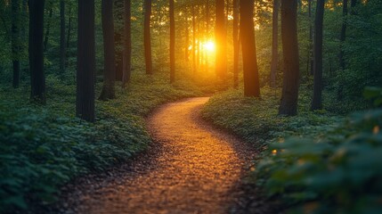Fototapeta premium A serene forest path illuminated by sunset, inviting exploration and tranquility.