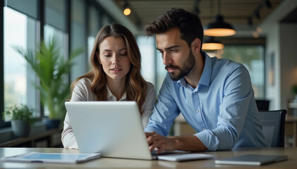 Male and female Caucasian financial advisors use laptop computers to discuss a stock market strategy in a contemporary business. European Managers Collaborate on a Banking Project 
