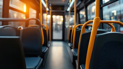 The empty bus interior glows with the soft light of sunset, emphasizing a tranquil, urban commuting ambiance.