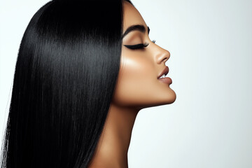 Obraz premium Profile of a beautiful woman with long straight black hair, flawless skin, and striking makeup, perfect for beauty, fashion, and hair care promotions.